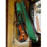 A Vintage violin [14inch back] bow and travel case