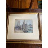 Antique Dutch style watercolour depicting harbour scene. Signed by the artist.