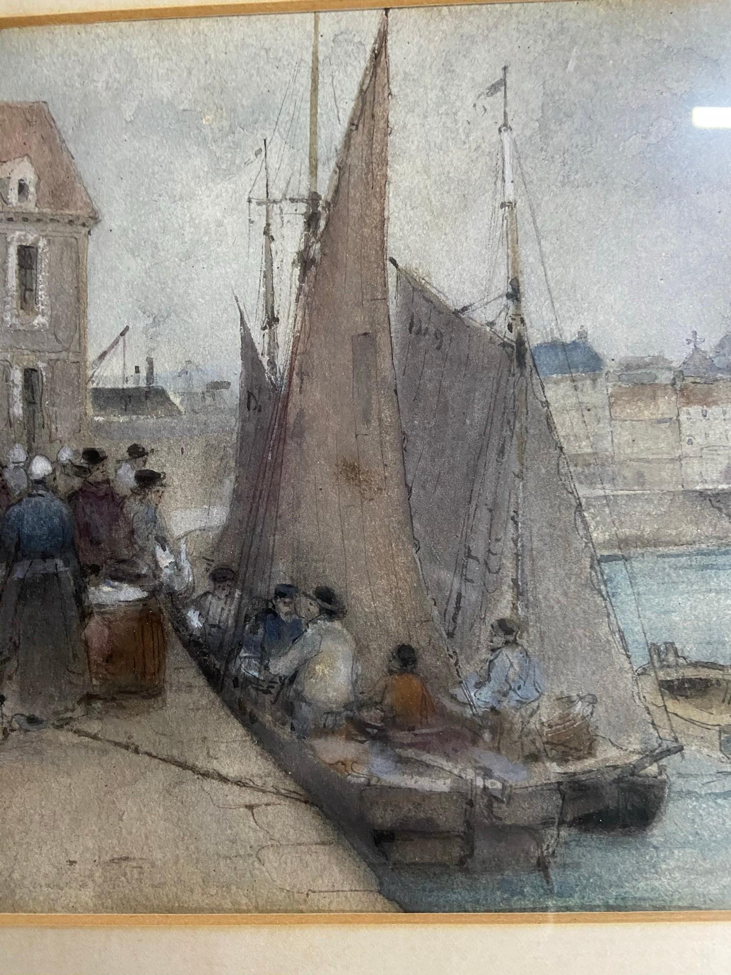 Antique Dutch style watercolour depicting harbour scene. Signed by the artist. - Image 3 of 3