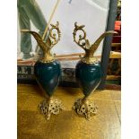 A Pair of ceramic and gilt metal painted urn jug garnitures
