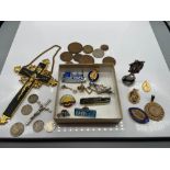 A Collection of collectable odds which include various pin badges [train related] silver coins and