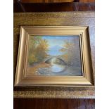 Antique oil painting on canvas depicting river and bridge scene. Signed A.A.Thomson