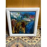 Original mixed media canvas depicting harbour scene signed Yvonne Hutchinson. Titled 'Crail