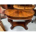 A Victorian Half moon console table designed with claw foot supports and a single drawer.