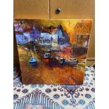 Original mixed media canvas depicting harbour scene signed Yvonne Hutchinson. Titled 'Straithes,