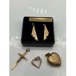 A Pair of 9ct gold earrings, A 9ct gold crucifix pendant, 9ct gold heart pendant and a 9ct gold back