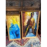 Two original oil paintings on board by Michele M Sutherland depicting seated man and seated girl.