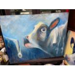 A Large Original mix media oil painting depicting a cow. Painted by Yvonne Hutchinson.