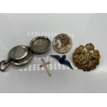 Antique plated sovereign holder [A/f] Silver cross, Glass cameo, RAF Cap badge & RAF Silver and