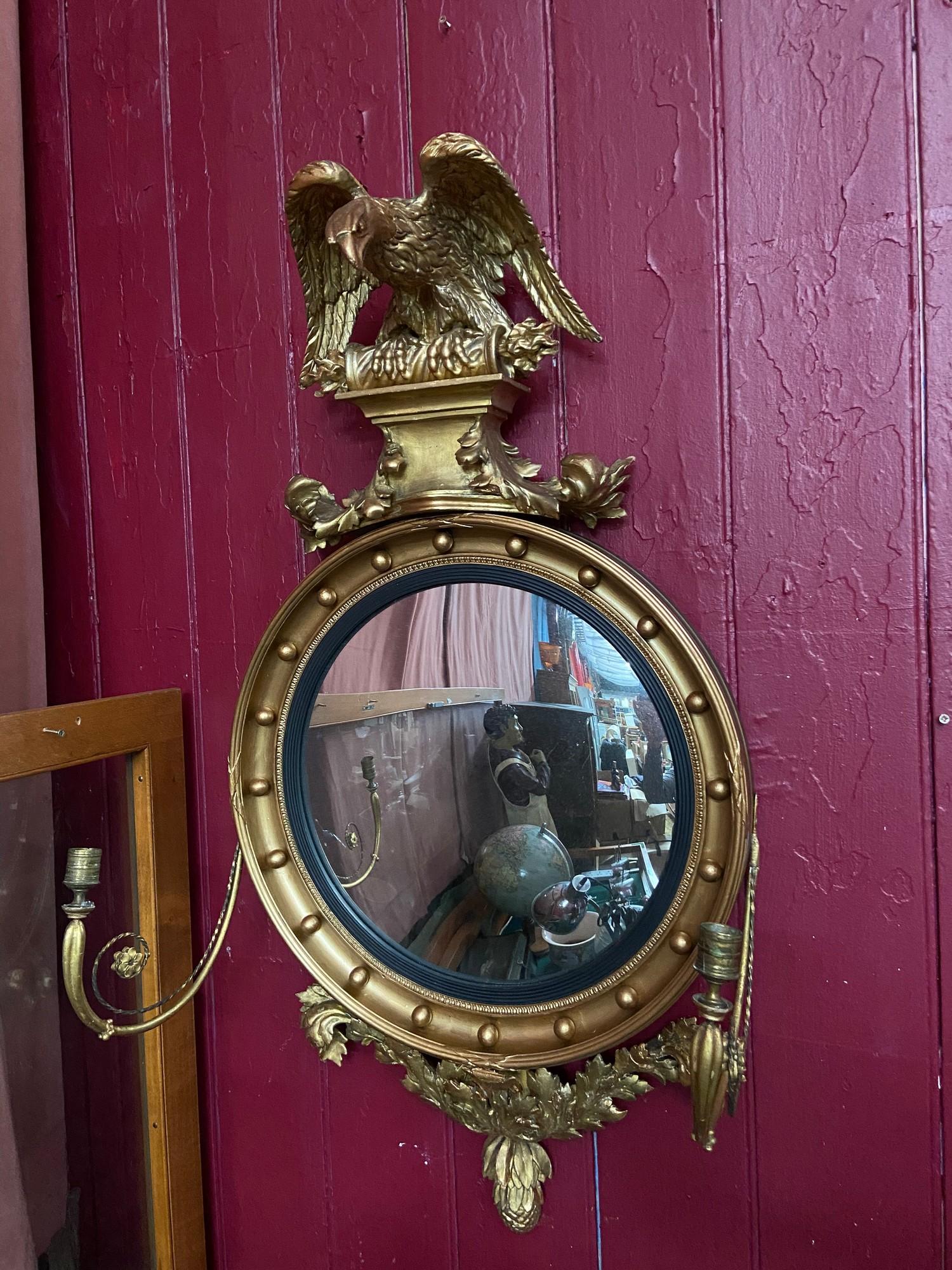 Antique Regency design convex mirror, Designed with original regency Eagle mounts, Wreaths and
