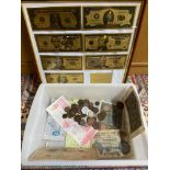 A Framed 24ct gold plated bank note set, Various old bank notes and various world coins.