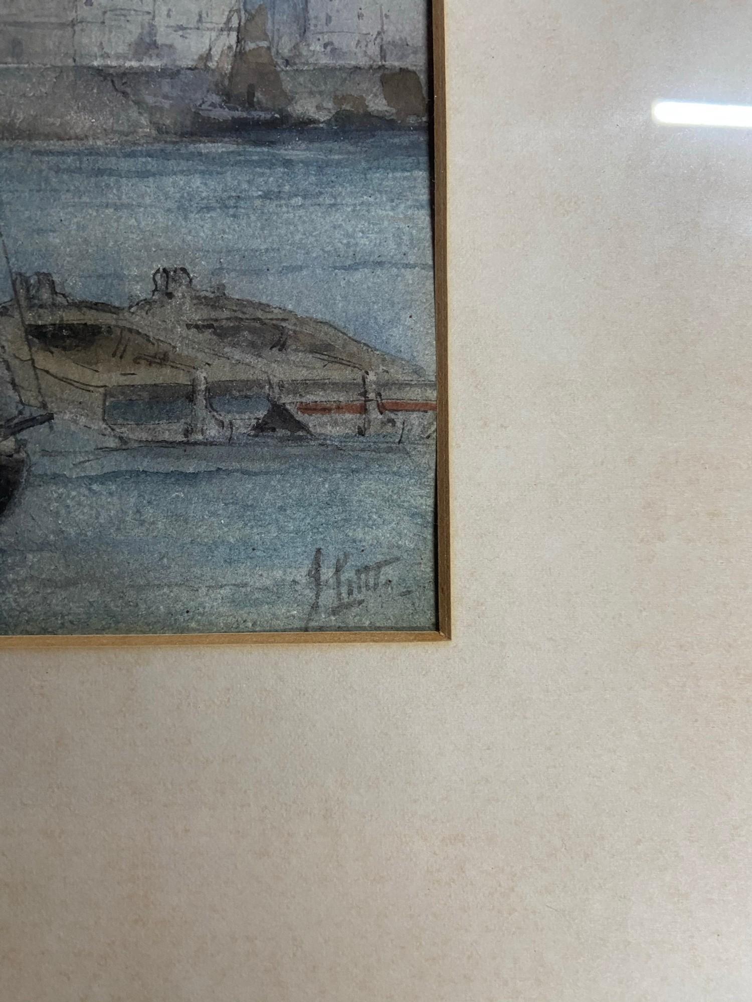 Antique Dutch style watercolour depicting harbour scene. Signed by the artist. - Image 2 of 3