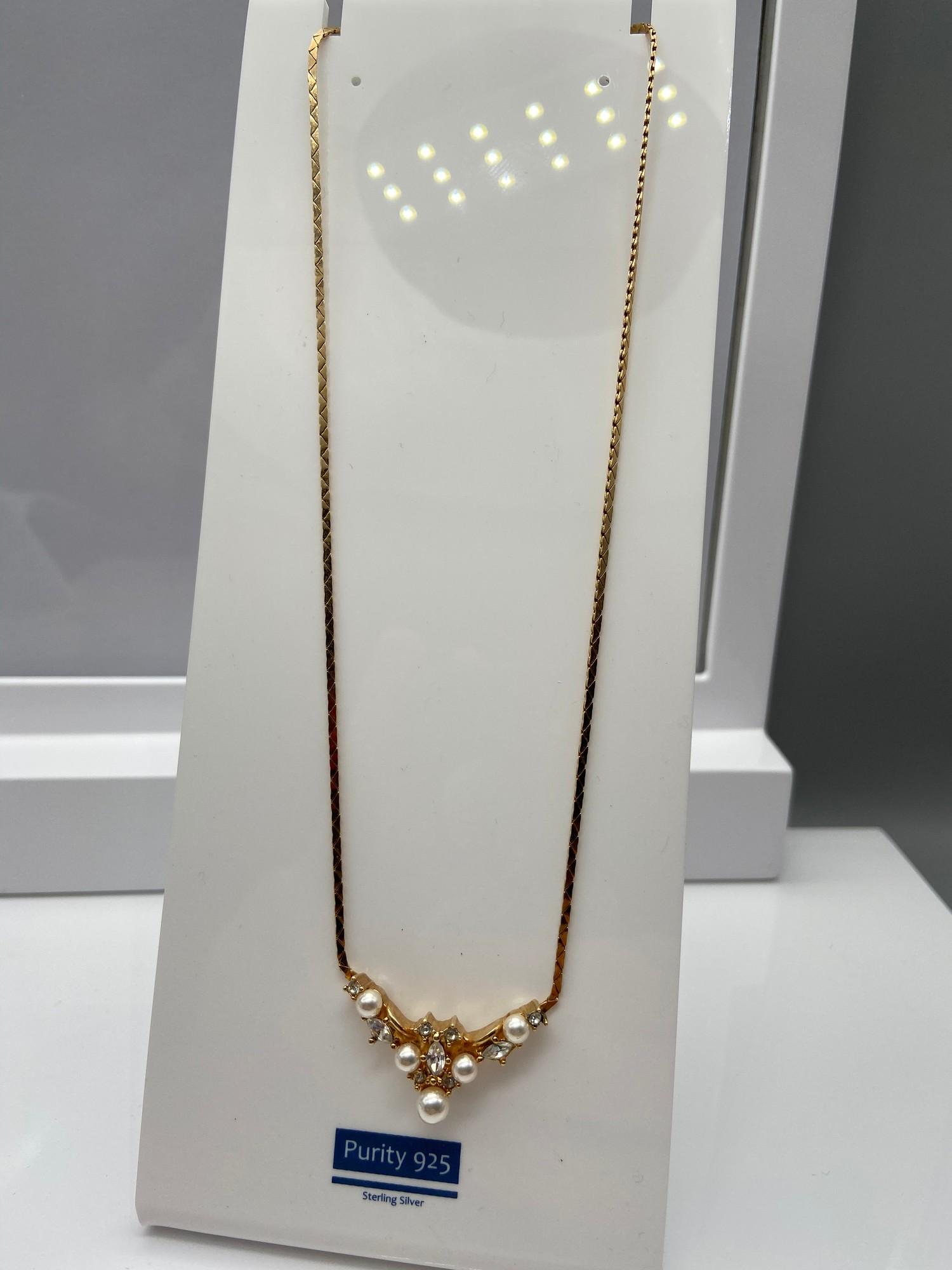 Christian Dior gold plated ladies necklace and ornate pendant designed with pearls and clear stones. - Image 2 of 3