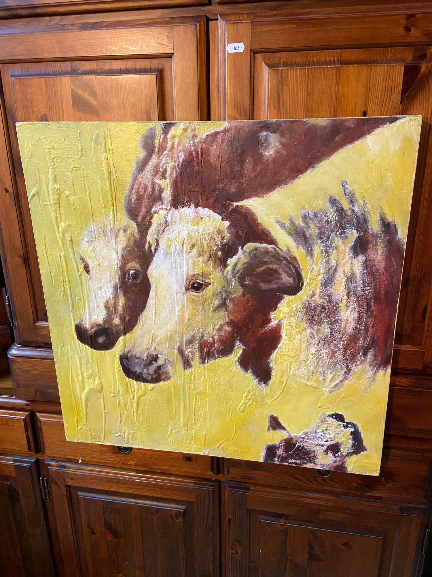 Original mixed media canvas depicting Cows signed Yvonne Hutchinson. Titled 'Poor Cows' [61x61cm]