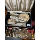 Boxed dressing table set together with a selection of costume jewellery items