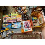 Two boxes containing a collection of vintage board games, microscope, Plush Wombles and loose