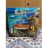 Original mixed media canvas depicting harbour scene signed Yvonne Hutchinson. Titled 'Blackness' [