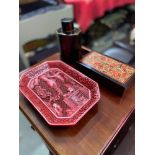 A Chinese Cinnabar red lacquered tray, Lacquered lidded and pot and trinket lidded dish.