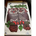 A Large Lithograph poster print of two owls by Kenn Burrows and dated 1969