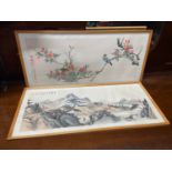 A Pair of Japanese silk watercolour paintings depicting mountain landscapes.