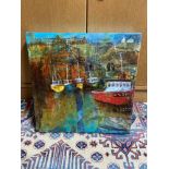 Original mixed media canvas depicting harbour scene signed Yvonne Hutchinson. Titled 'Crail Harbour'