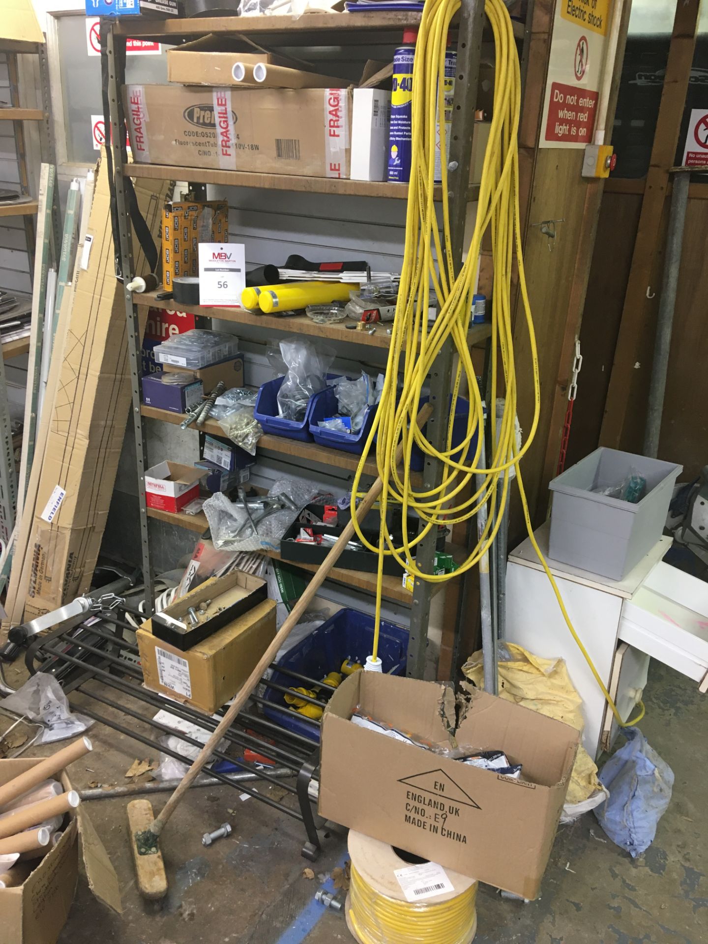 Racking and contents to include electrical spares and parts (inc. some new)