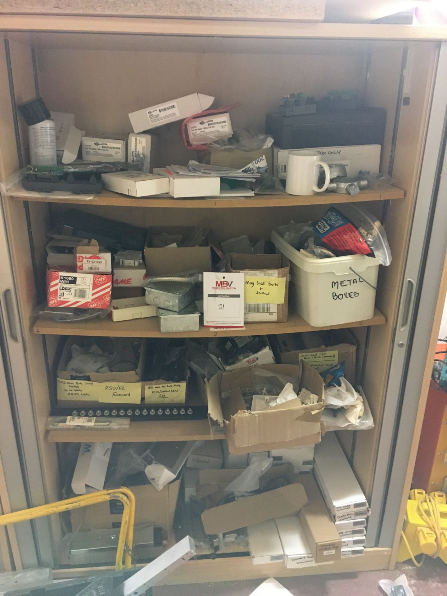 Cabinet of assorted electrical components, spare parts, fixtures & fittings