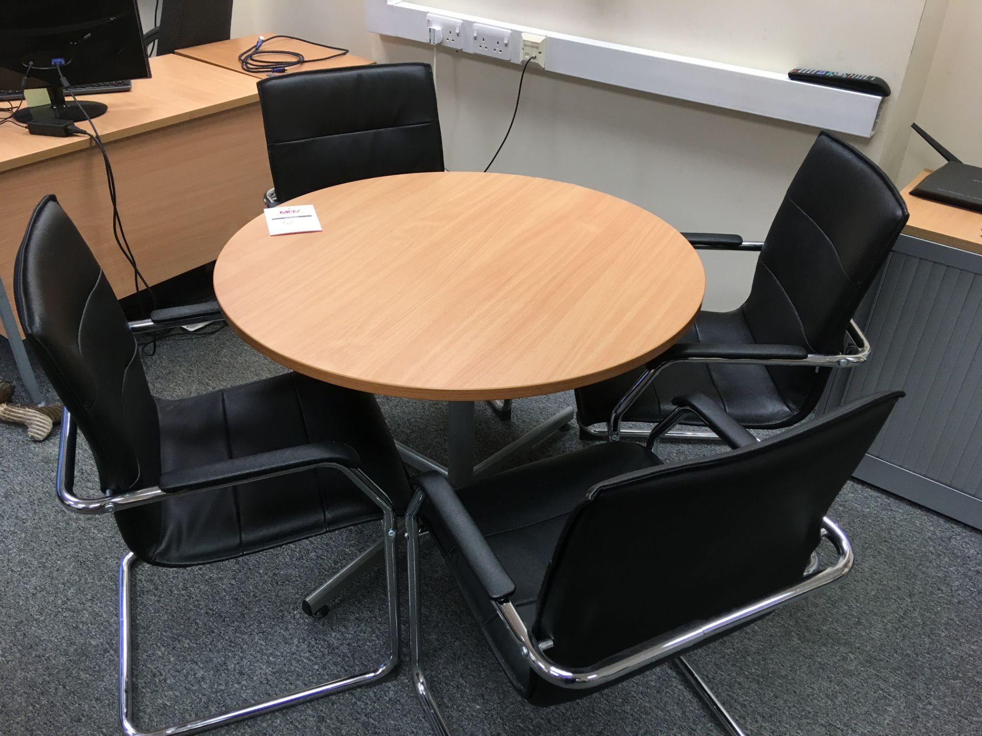 Round beech coloured meeting table with 4 x leather meeting chairs