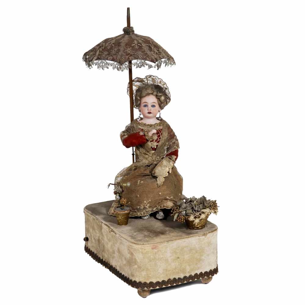 Lady with Parasol Musical Automaton, c. 1930sWith German bisque shoulder-head, open mouth, fixed