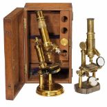 2 French Brass Microscopes1) Signed: "M. Stiassnie à Paris", c. 1895. 3¾-inch round base, two