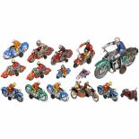 13 Tin-Toy Motorcycles, c. 1950-701) Paya, I-804 (replica), spring-driven (working), length 6 ¼