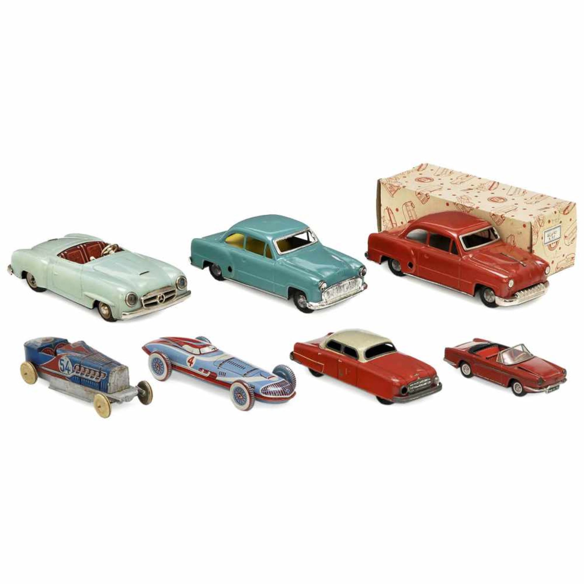 7 Tin-Toy Cars, c. 1958Lithographed tin. 1) Joustra, Renault Floride convertible, friction (