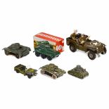 6 Military Vehicles, c. 1950-60Lithographed tin. 1) Arnold, Jeep 2500, not complete, with 2 figures,