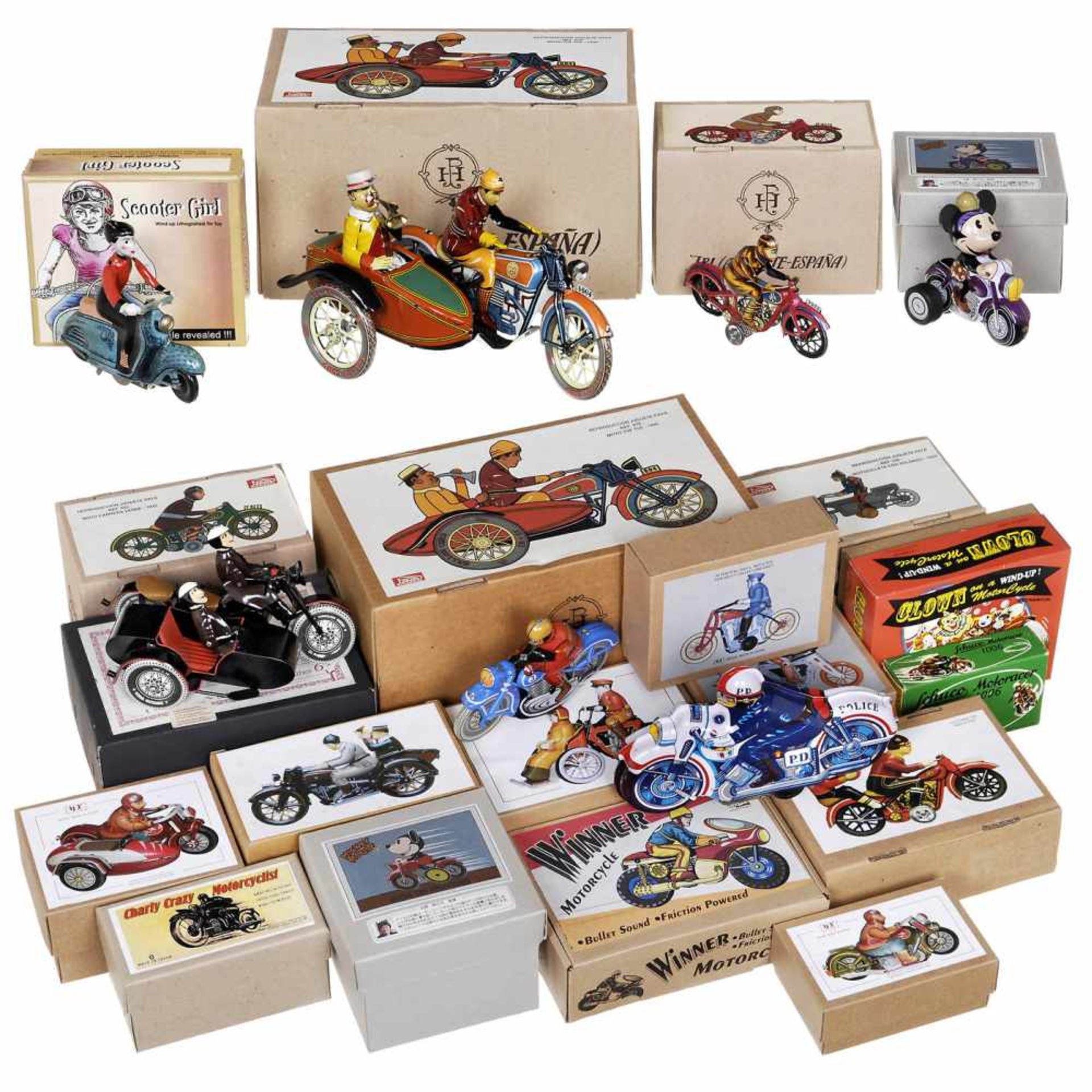 35 Modern Tin-Toy MotorcyclesReproductions and new models, lithographed tin, mint condition, 23 of