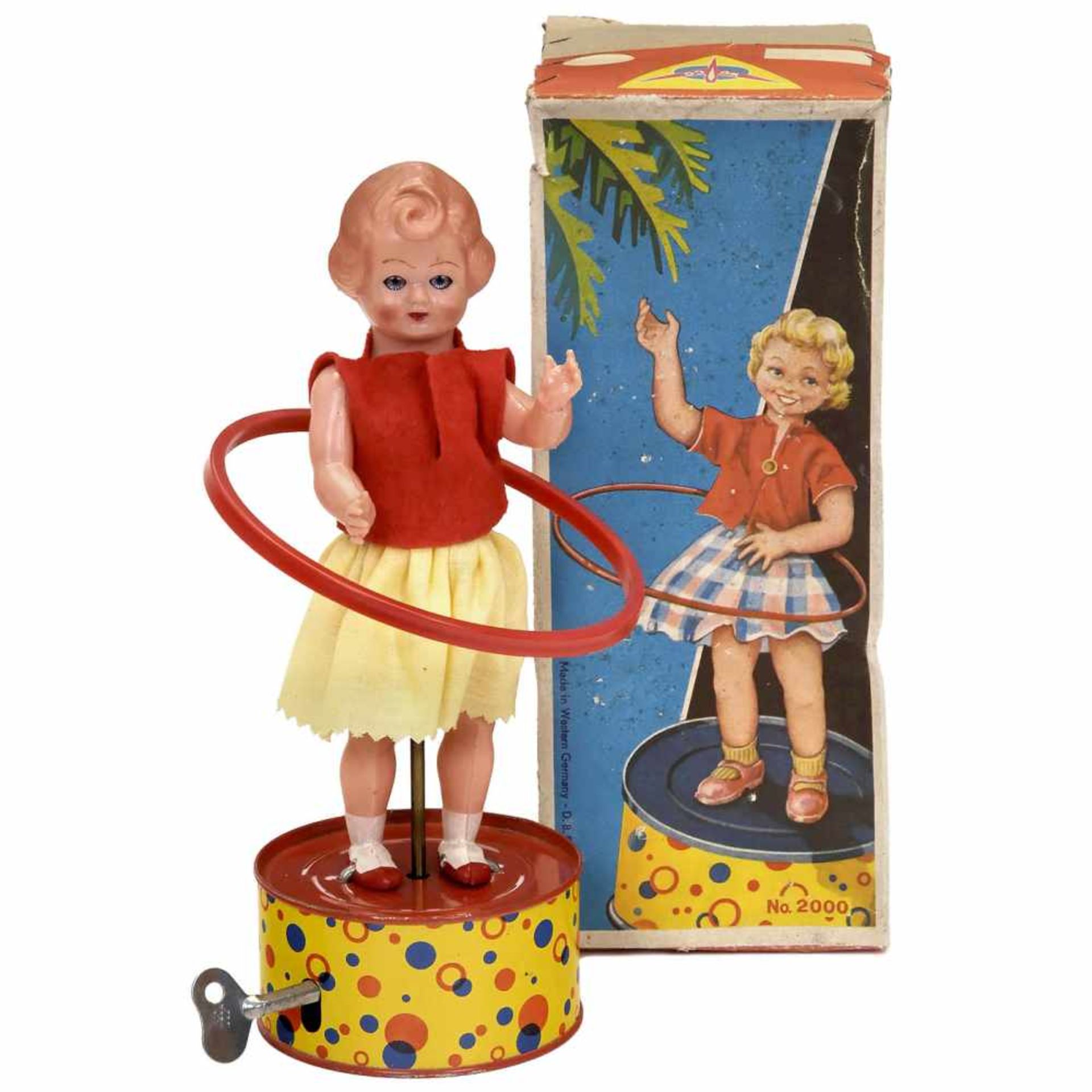 Hula Hoop Doll by Wüco, c. 1958Fritz Wünnerlein & Co, Zirndorf, Germany. No. 2000, lithographed
