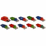 10 Tri-Ang Minic Toy Cars, c. 1960Made in England. 9 trucks, different colors, spring drive partly