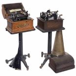 2 Edison Business Phonographs, c. 1910C models, oak cases with lids. 1) Electric motor, with