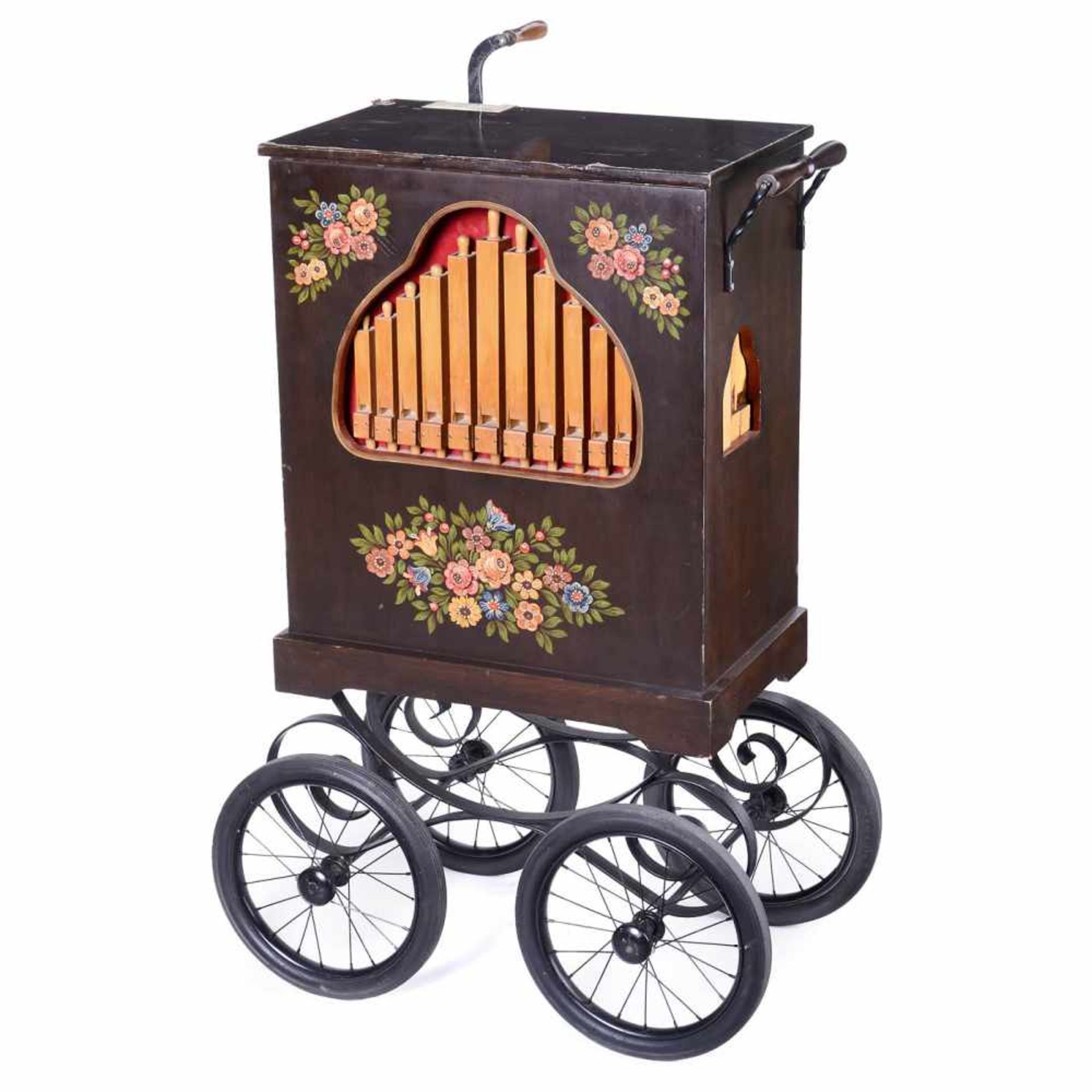 Paper-Strip Organ on Cart, c. 198016 notes, painted wood case, on wrought-iron cart with spoke