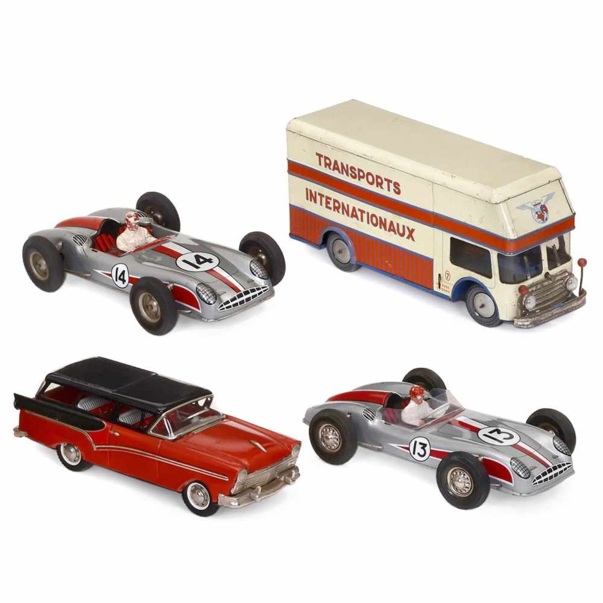 4 French Tin-Toy Cars by Joustra, c. 1950-60Lithographed tin. 1) Ford station wagon, friction