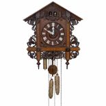 Black Forest Quail-and-Cuckoo Clock, c. 1890Carved wood case with inlay, brass movement, anchor