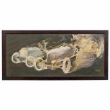 Framed French Racing Car Print, c. 1918Racing-car scene, marked in lower right corner: "Fernel",