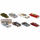 8 Japanese Tin-Toy Cars, c. 1950-60Lithographed tin. 1) Bandai, Cadillac convertible, friction drive