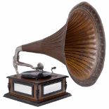 Gramophone with Extra-Large Horn, c. 1915Unmarked. Walnut case, partly black glazed, 2 sides with