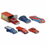6 German Tin-Toy Cars, 1950-601) "Perfekt", by JNF. Lacquered tin, spring-driven (working),