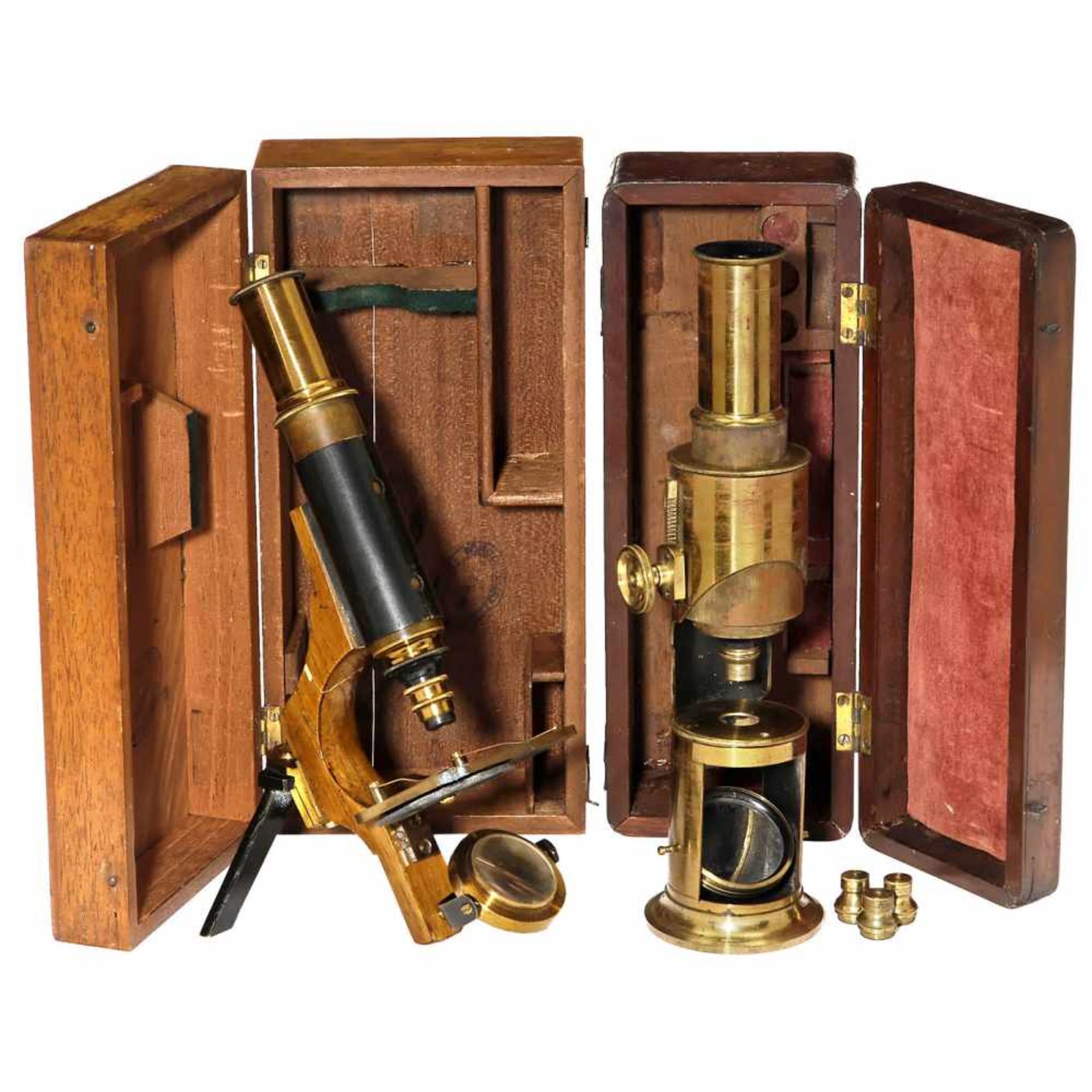 2 Brass Microscopes1) Drum microscope, c. 1850, maker unknown, lacquered brass, base diameter 2 ½