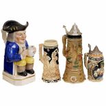 4 Musical Beer Steins1) 3 steins, ceramic, polychrome decorated in relief, 2 steins with tin lid,