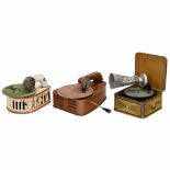 3 Toy Gramophones, c. 19301) "Pigmyphone", Bing Werke, Nuremberg. Lithographed tin, spring-driven,