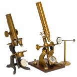 2 English Brass Microscopes1) Student-grade Ross-style compound monocular microscope, c. 1865.