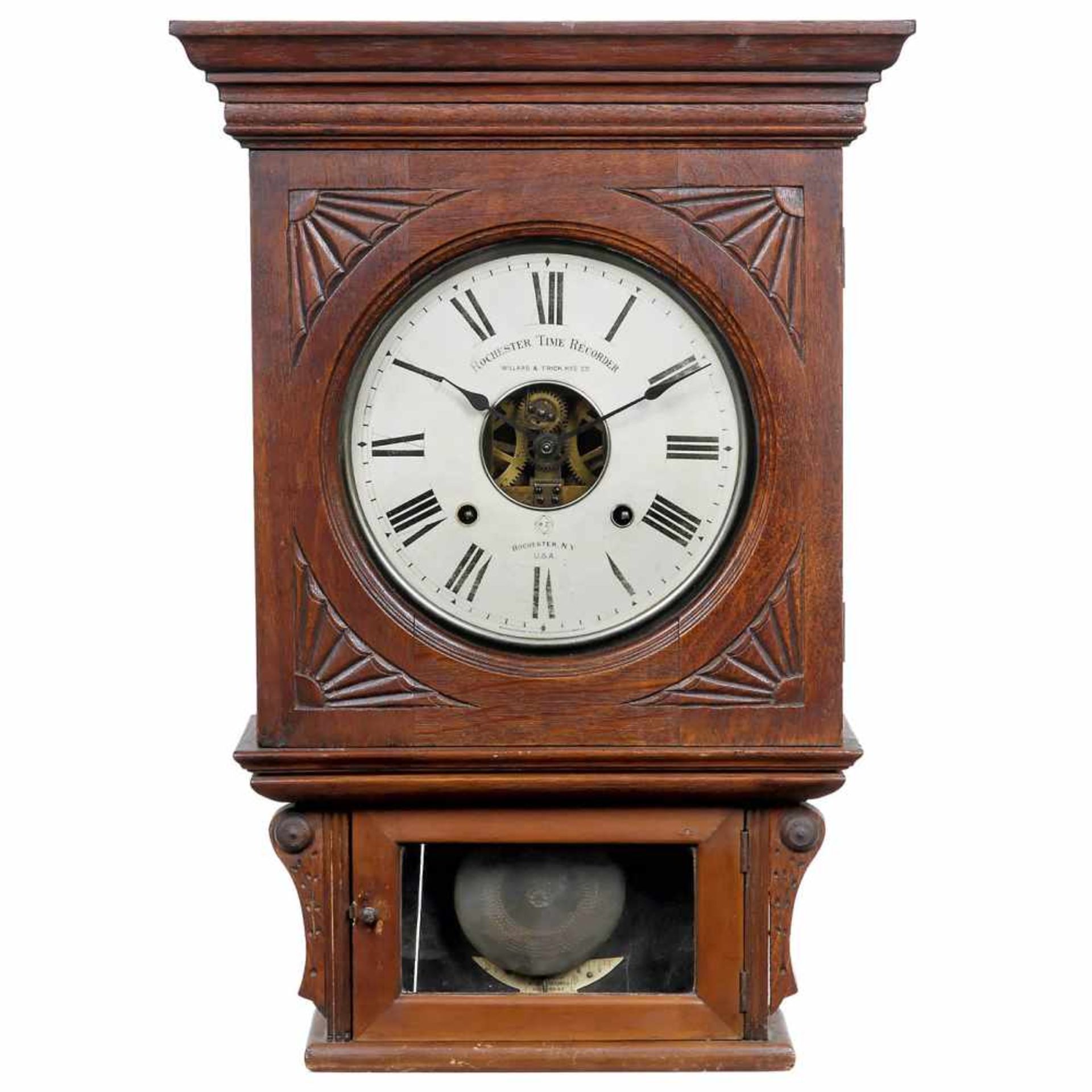 American Wall Clock with Visible Mechanism, c. 1900Manufactured by Rochester Time Recorder