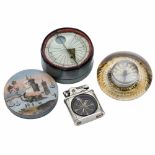3 Compasses1) Paperweight, glass, Ø 3 1/6 in., weight 350 g, c. 1920-30. - 2) Lighter, nickeled,